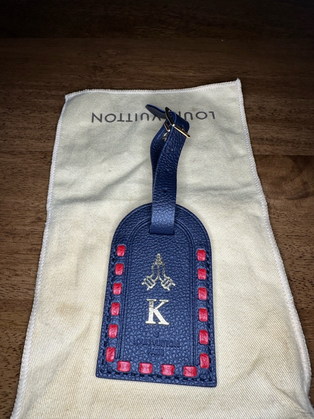 Preloved Louis Vuitton Navy Leather Luggage Tag with Red Accent